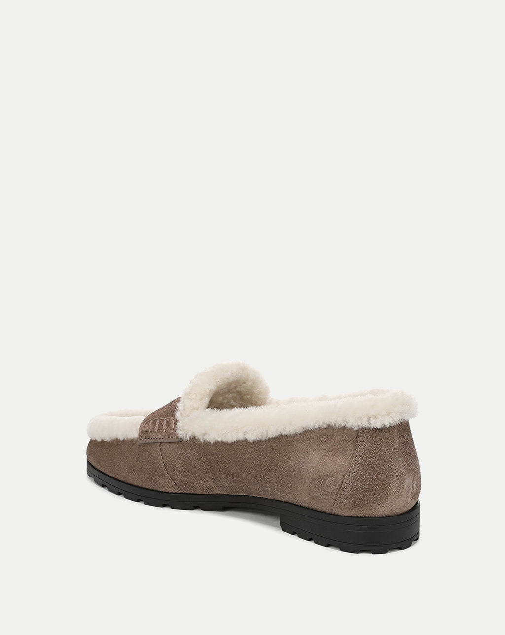 Veronica Beard Brown suede slip-on shoe with white sherpa lining.