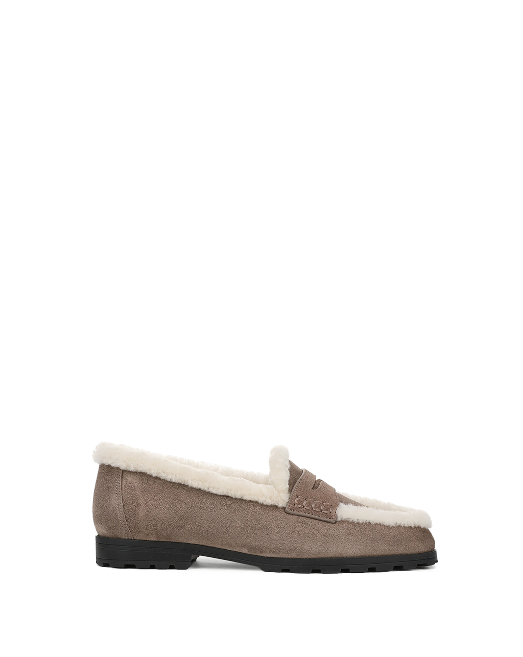 Veronica Beard Brown suede loafer with white shearling lining.