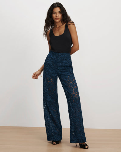 Veronica Beard Navy blue lace wide-leg pants.