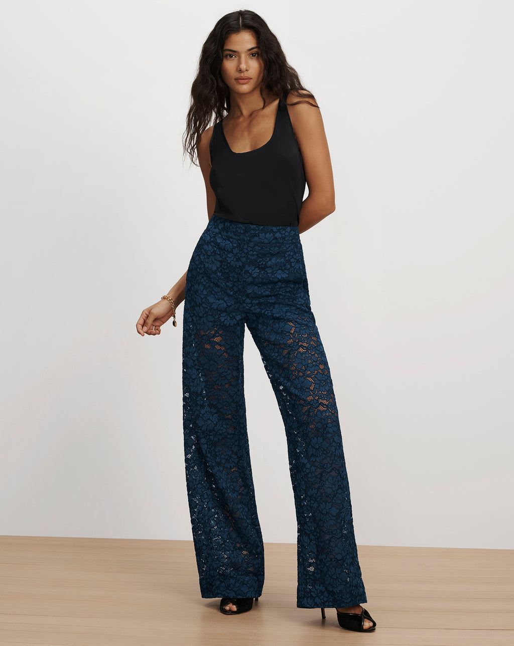 Veronica Beard Navy blue lace wide-leg pants.