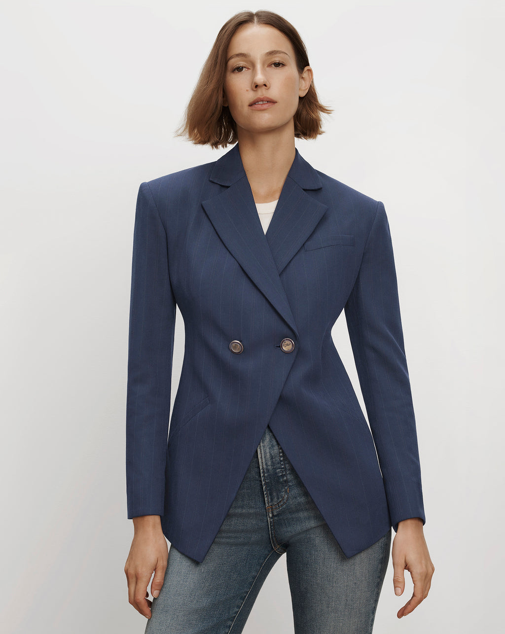 Veronica Beard Blue pinstripe double-breasted tailored blazer jacket.