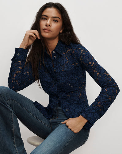 Veronica Beard Blue lace long-sleeve button-down shirt.
