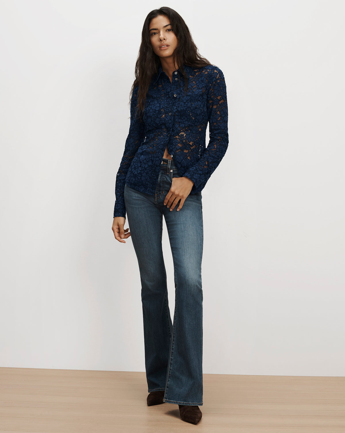 Veronica Beard Navy blue lace button-down shirt.