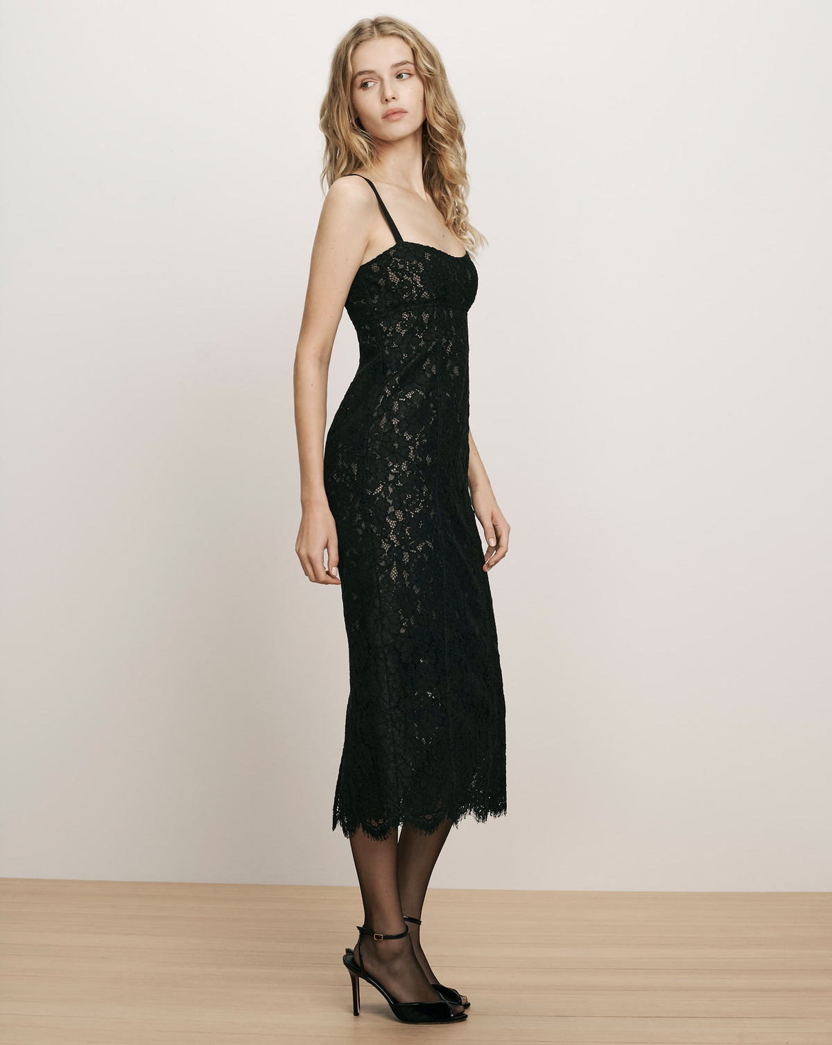 Veronica Beard Black lace midi dress with spaghetti straps.
