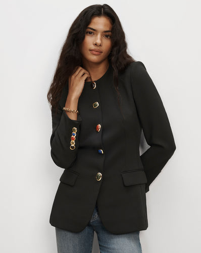 Veronica Beard Black jacket with multicolored gem buttons.