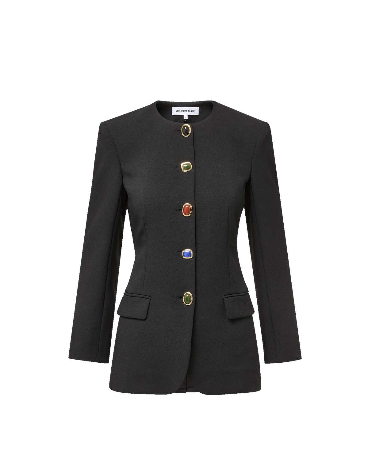 Veronica Beard Black blazer with multi-colored jewel buttons.