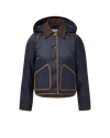 Veronica Beard Navy quilted jacket with brown corduroy trim.