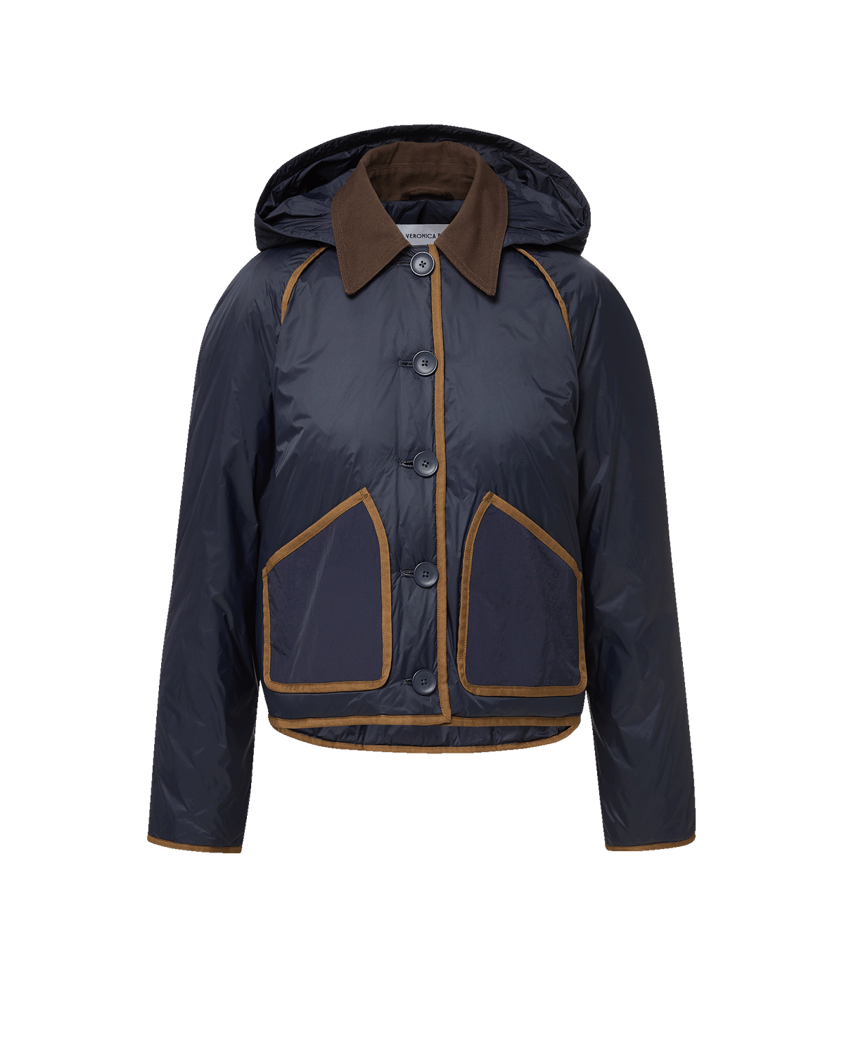 Veronica Beard Navy quilted jacket with brown corduroy trim.