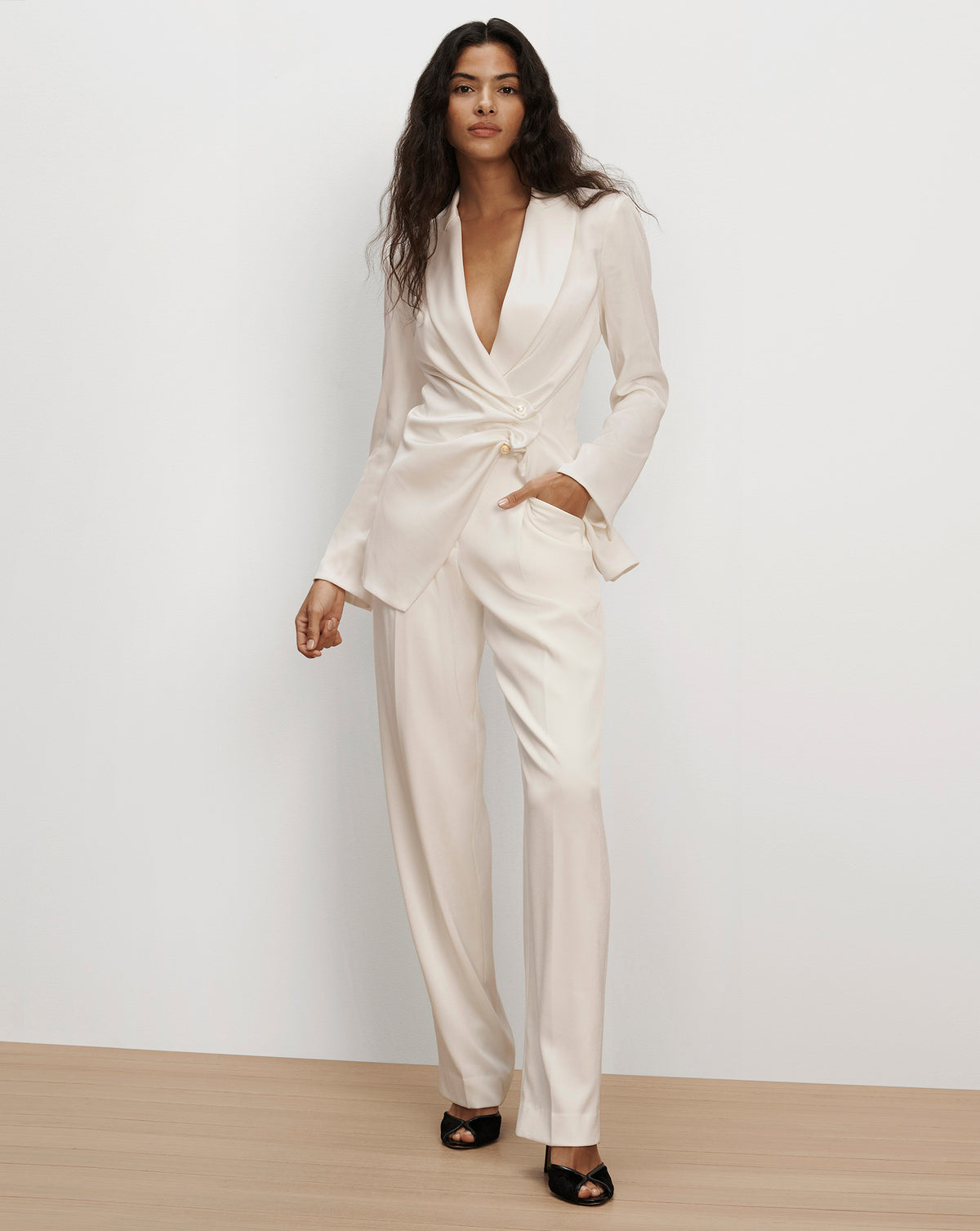 Veronica Beard White satin wrap blazer and trousers set.