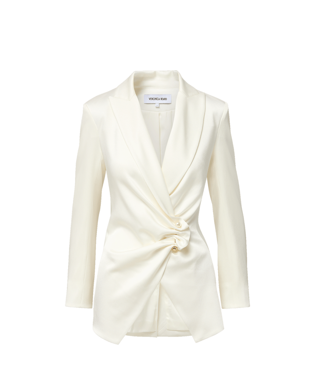 Veronica Beard White satin blazer with draped button detail.