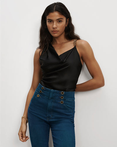 Veronica Beard Black satin one-shoulder top with chain strap.