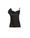 Veronica Beard Black satin one-shoulder top with chain strap.