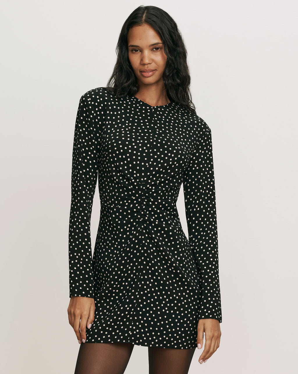Veronica Beard Black polka dot dress with gathered front.