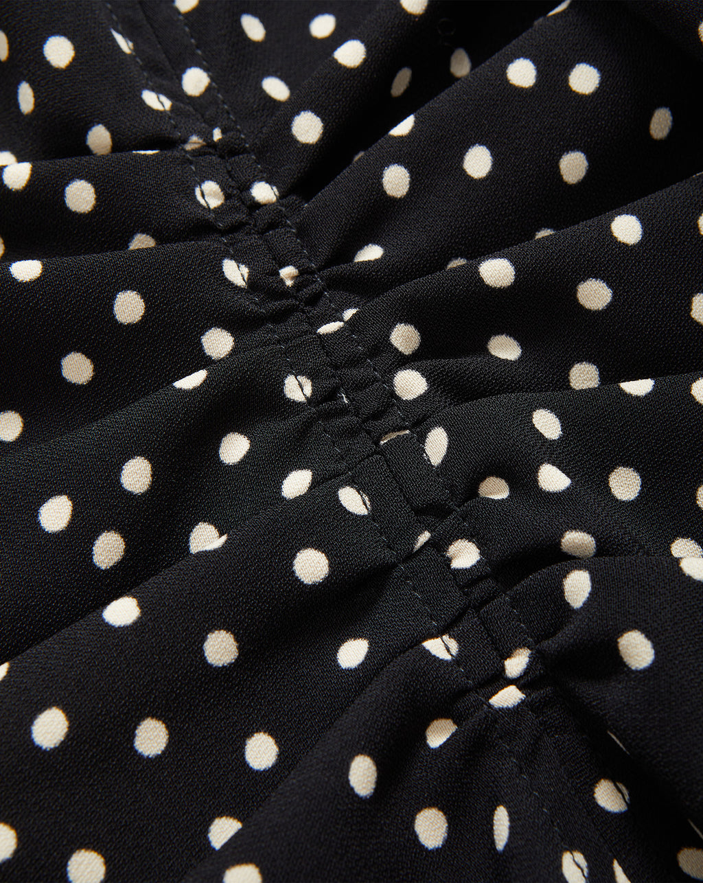 Veronica Beard Black polka dot ruched fabric close-up.