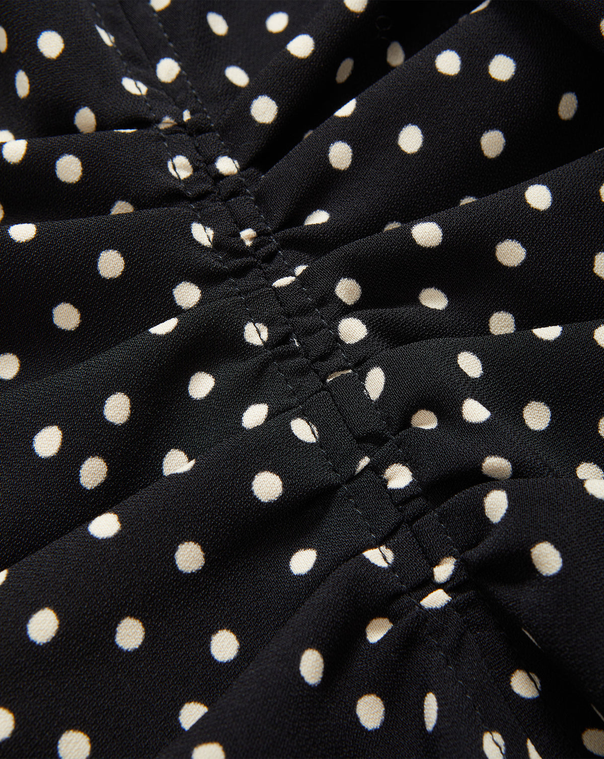 Veronica Beard Black polka dot ruched fabric close-up.