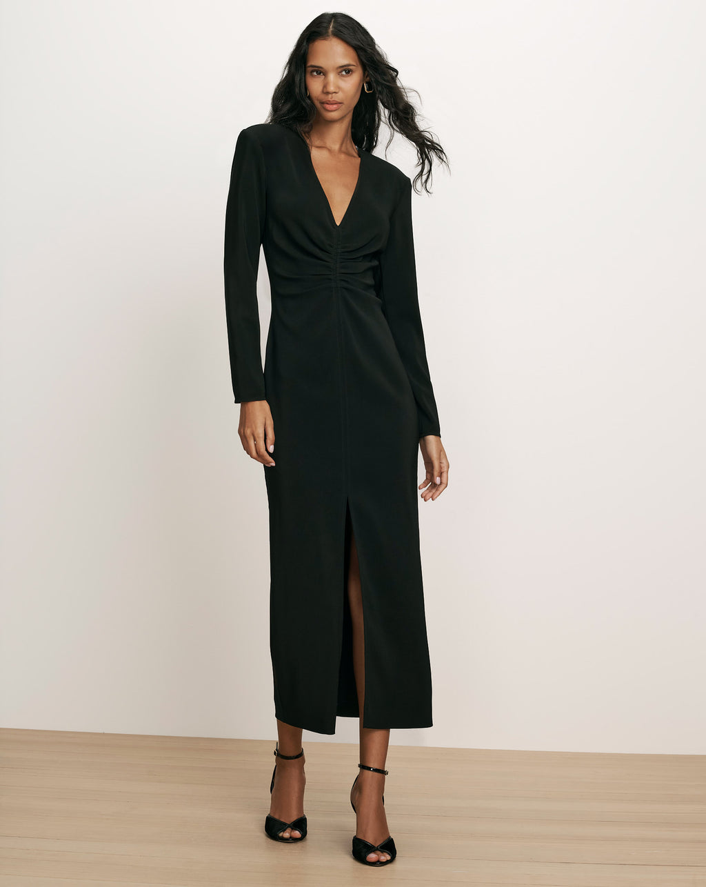 Veronica Beard Black midi dress with ruched bodice.