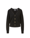 Veronica Beard Black knit cardigan with gold-rimmed buttons.