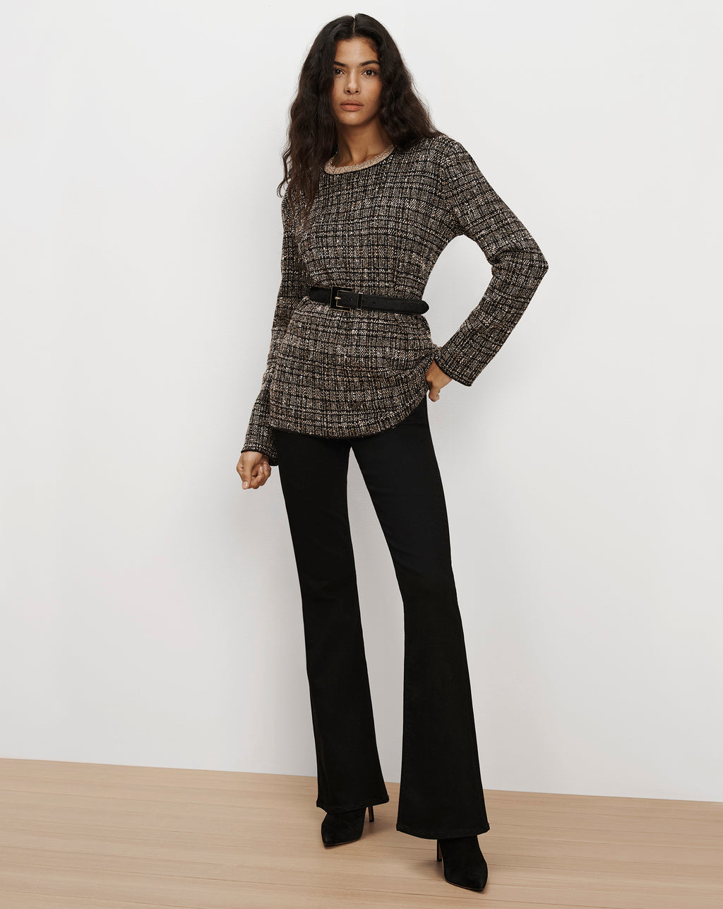 Veronica Beard Black tweed long-sleeve top with belt.