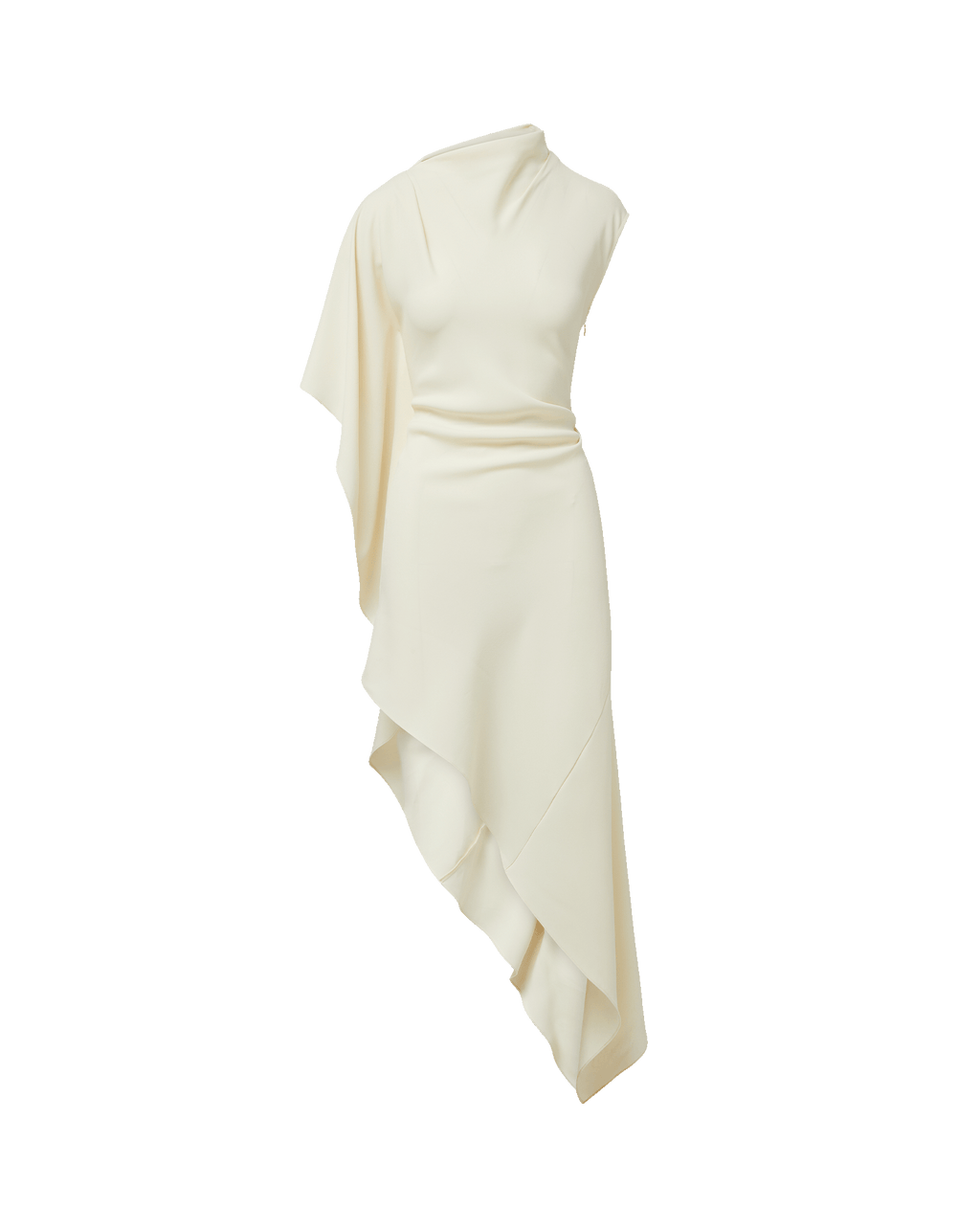 Veronica Beard Cream asymmetric midi dress with draped sleeve.