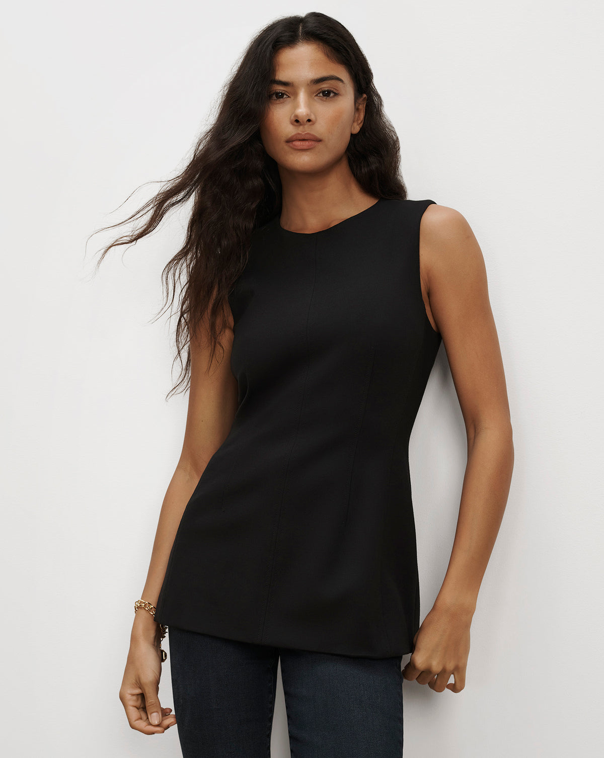 Veronica Beard Black sleeveless tunic top with structured seams.