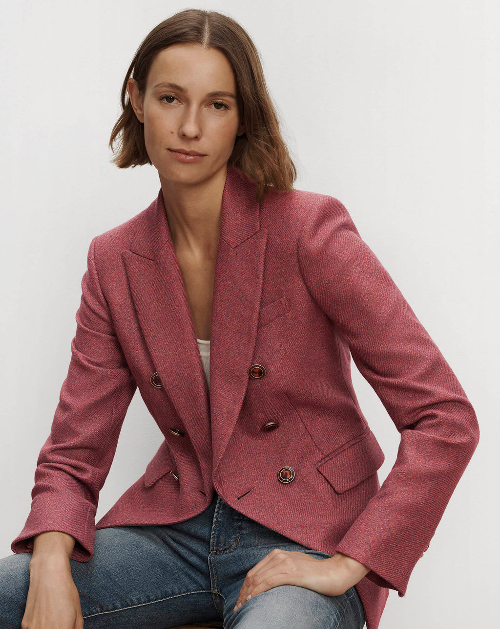 Veronica Beard Pink tweed double-breasted blazer with structured lapels.