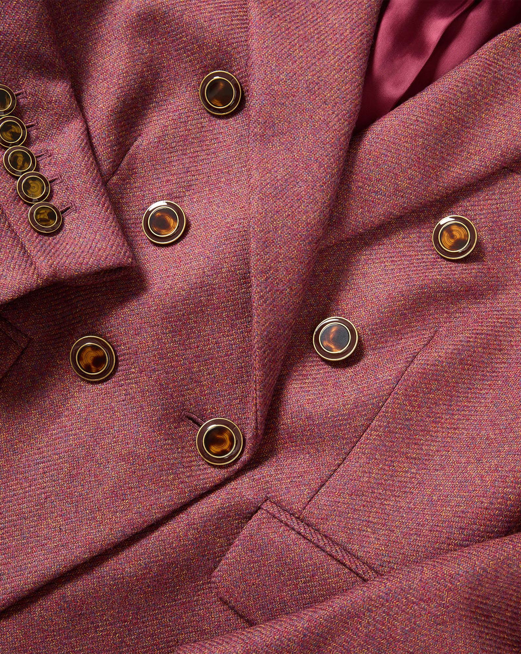 Veronica Beard Burgundy double-breasted blazer with tortoiseshell buttons.