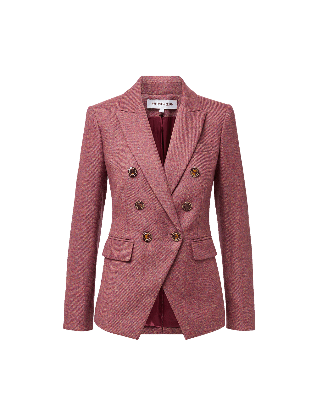 Veronica Beard Pink tweed double-breasted blazer with tortoise buttons.