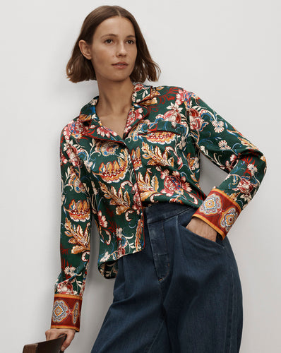Veronica Beard Green floral silk button-down pajama shirt.