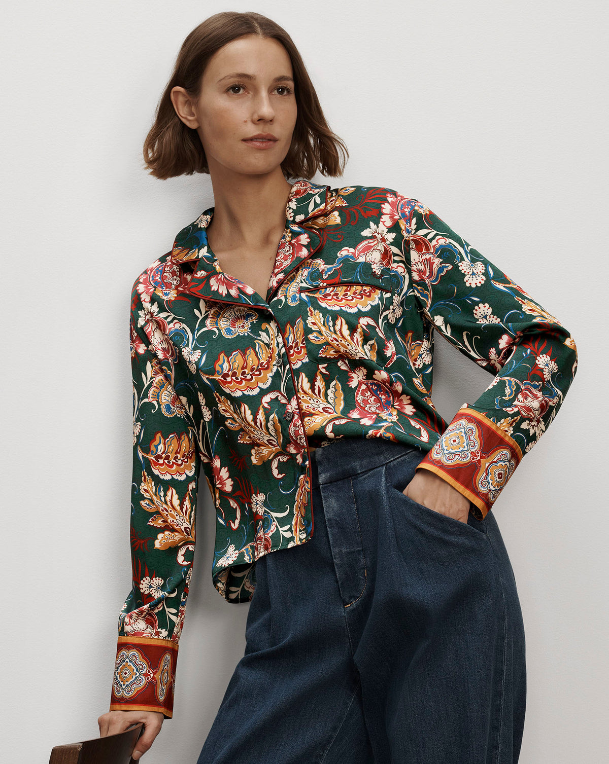 Veronica Beard Green floral silk button-down pajama shirt.
