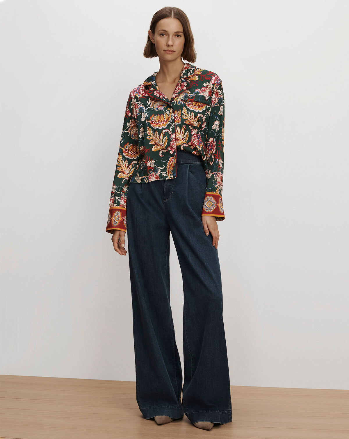 Veronica Beard Dark floral silk pajama shirt and jeans.