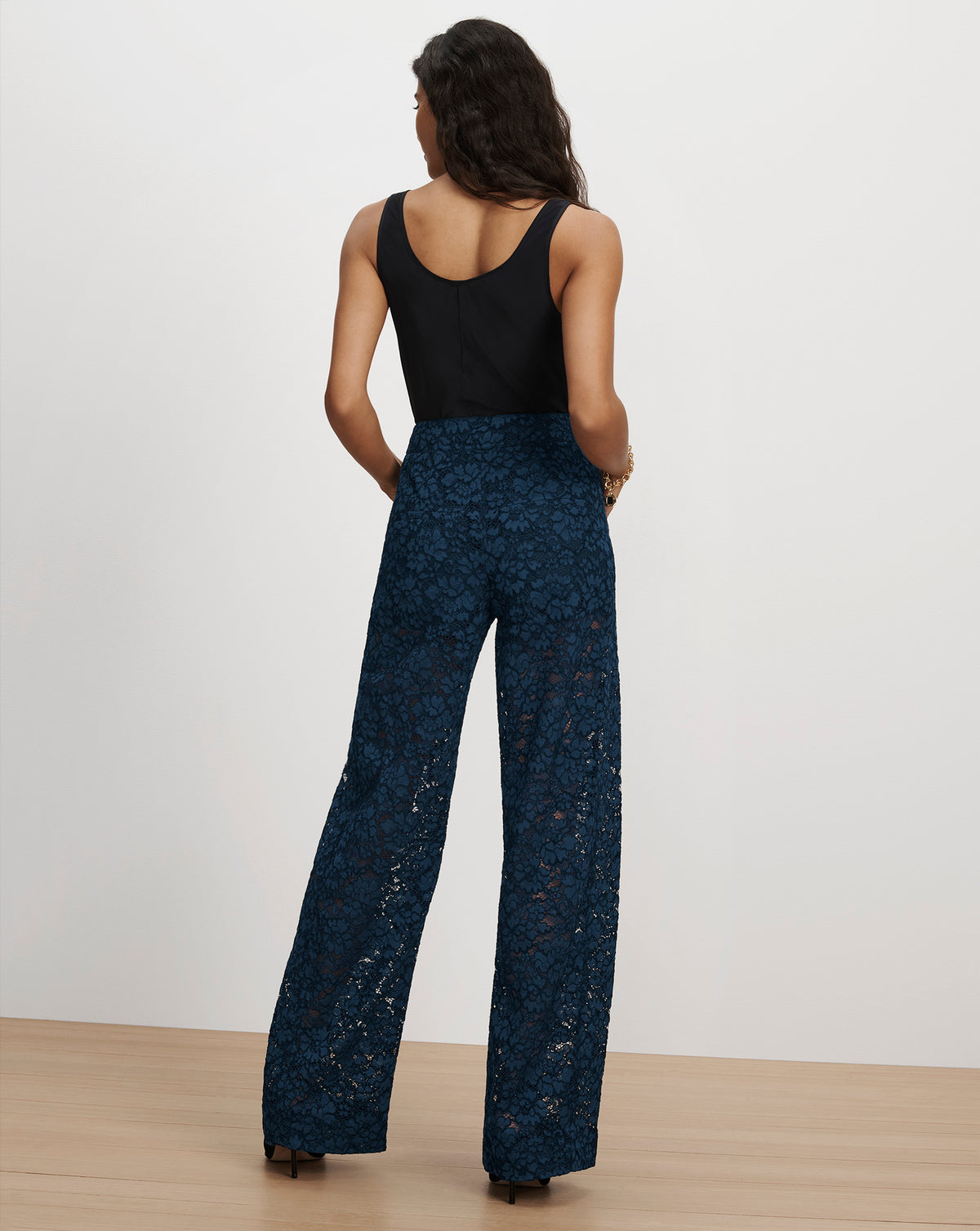 Veronica Beard Navy blue lace wide-leg pants.