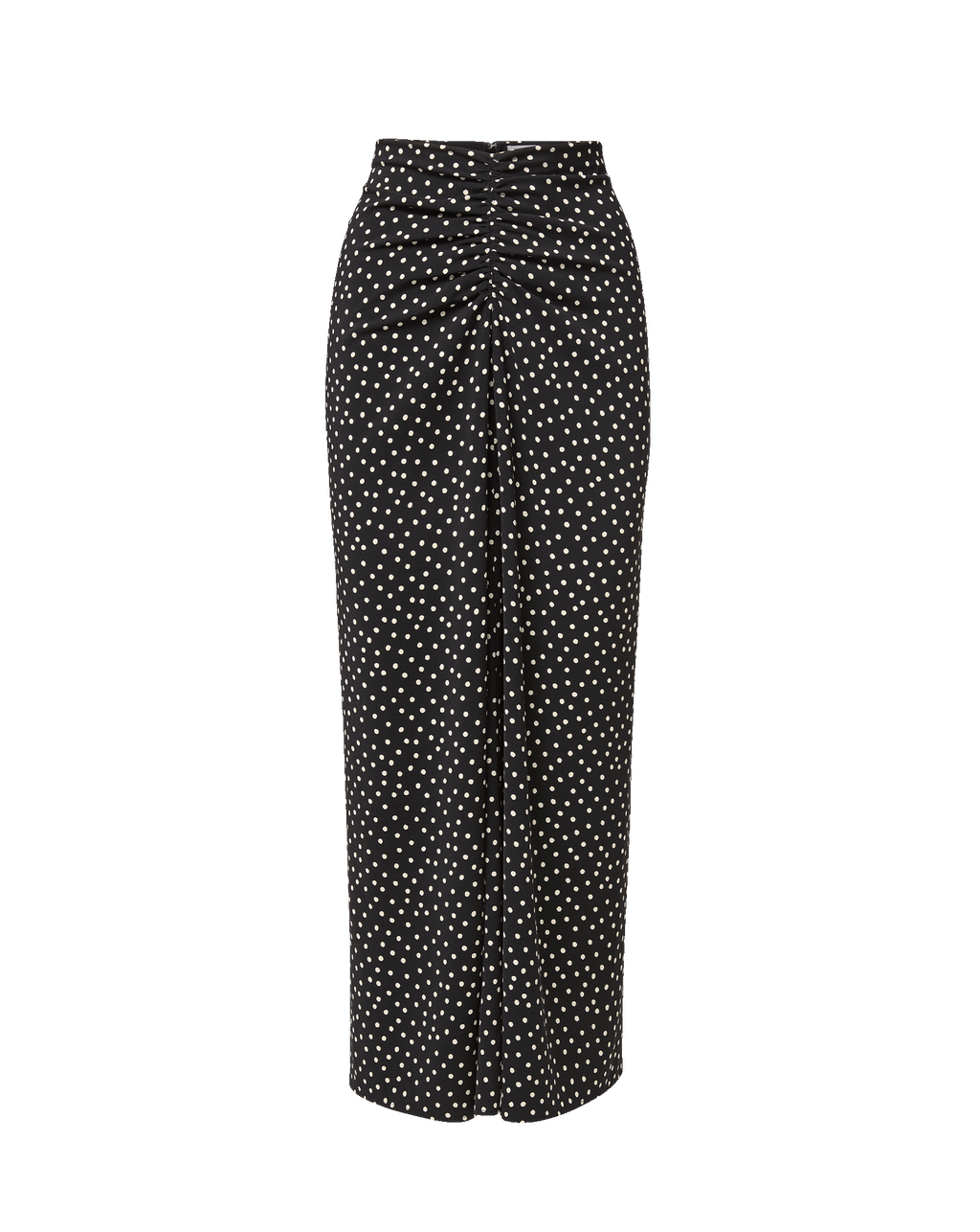 Veronica Beard Black polka-dot midi skirt with ruched front.