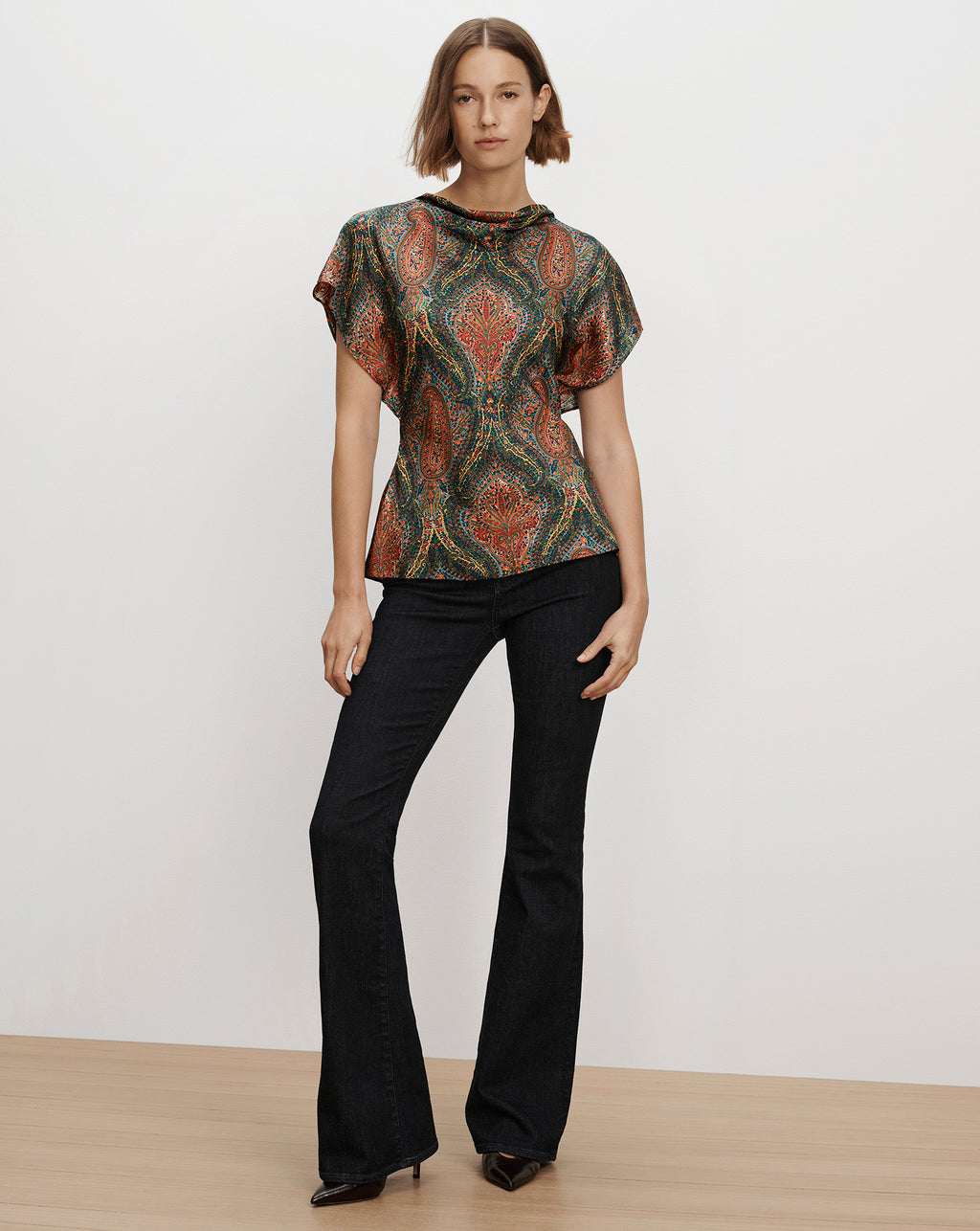 Veronica Beard Multicolor paisley print draped silk short sleeve top.