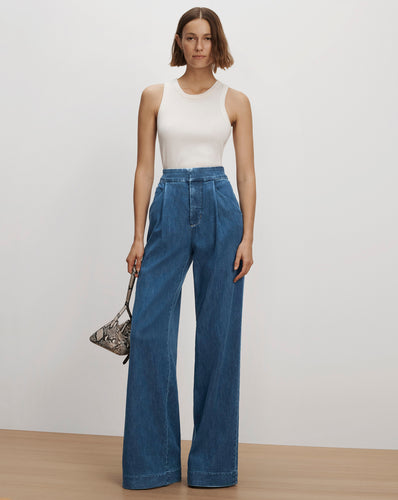 Veronica Beard Blue high-waist pleated wide-leg denim jeans.
