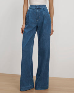 Veronica Beard Blue denim wide-leg pleated pants.