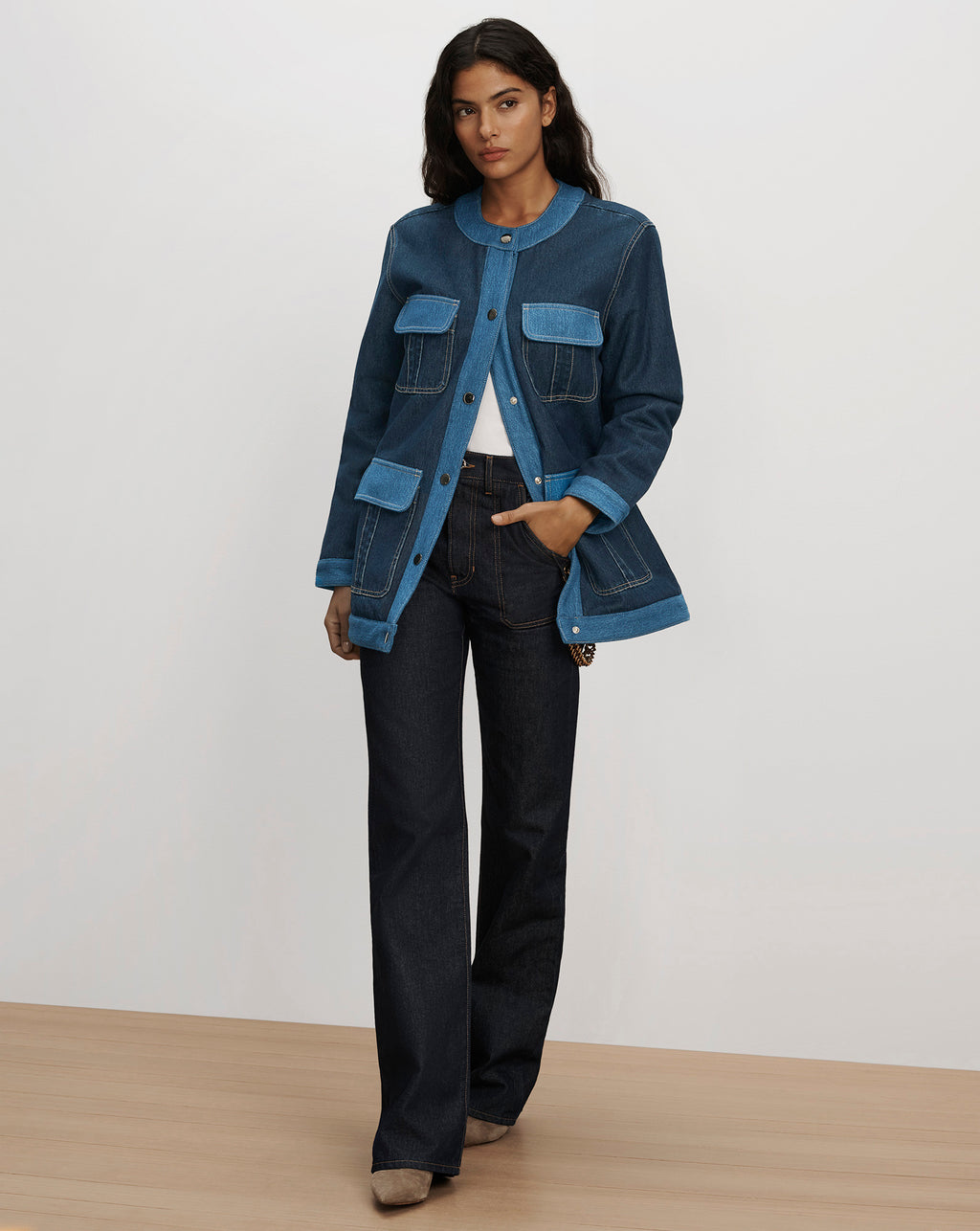 Veronica Beard Blue denim jacket with contrasting pockets and trim.