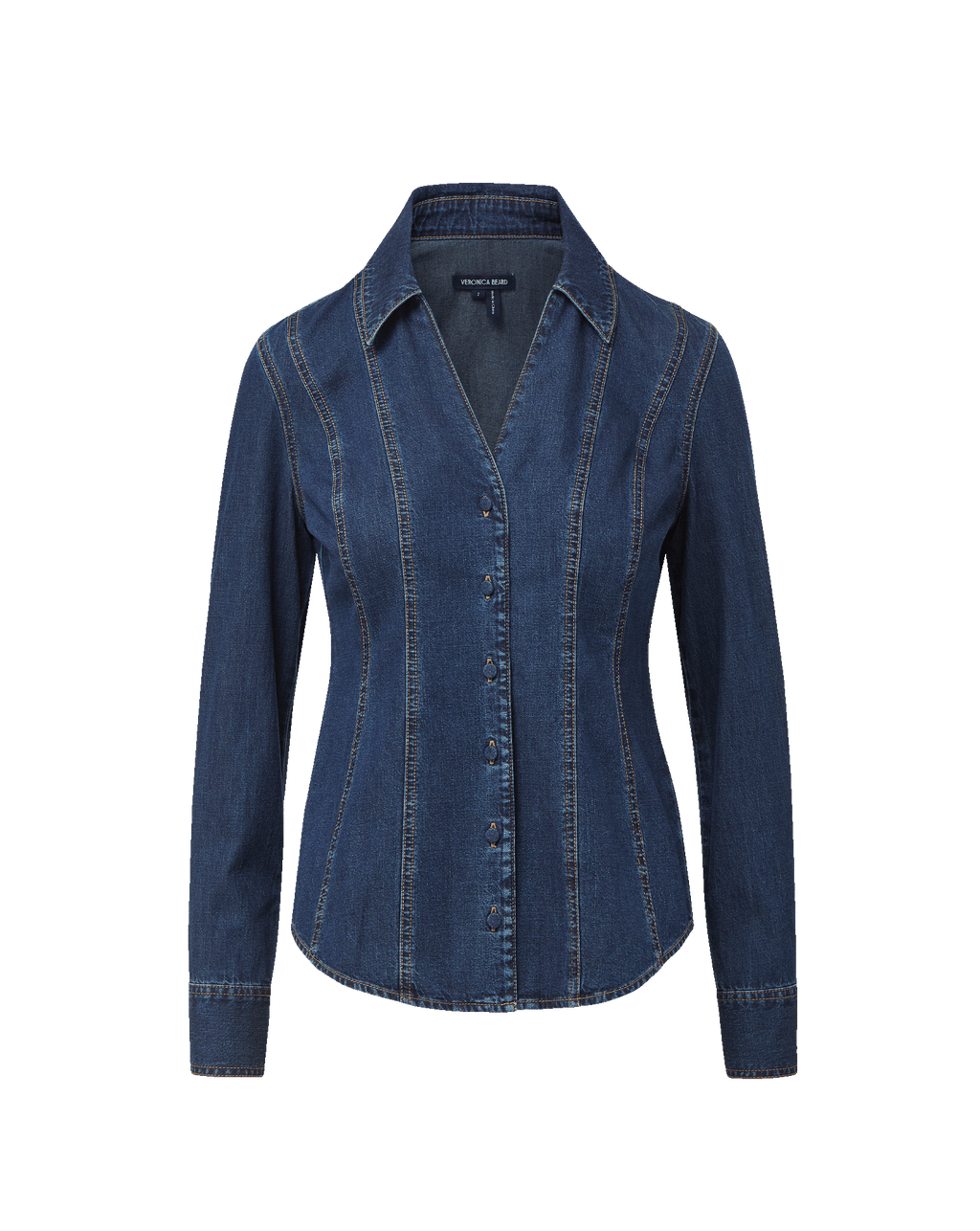 Veronica Beard Blue denim button-down shirt with contrast stitching.