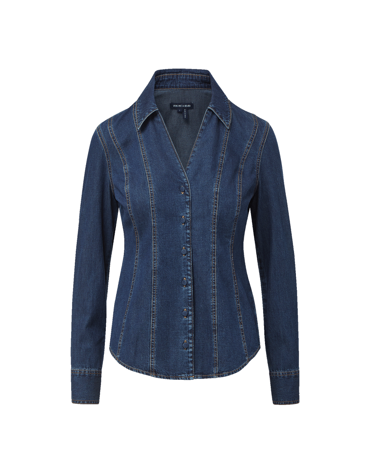 Veronica Beard Blue denim button-down shirt with contrast stitching.