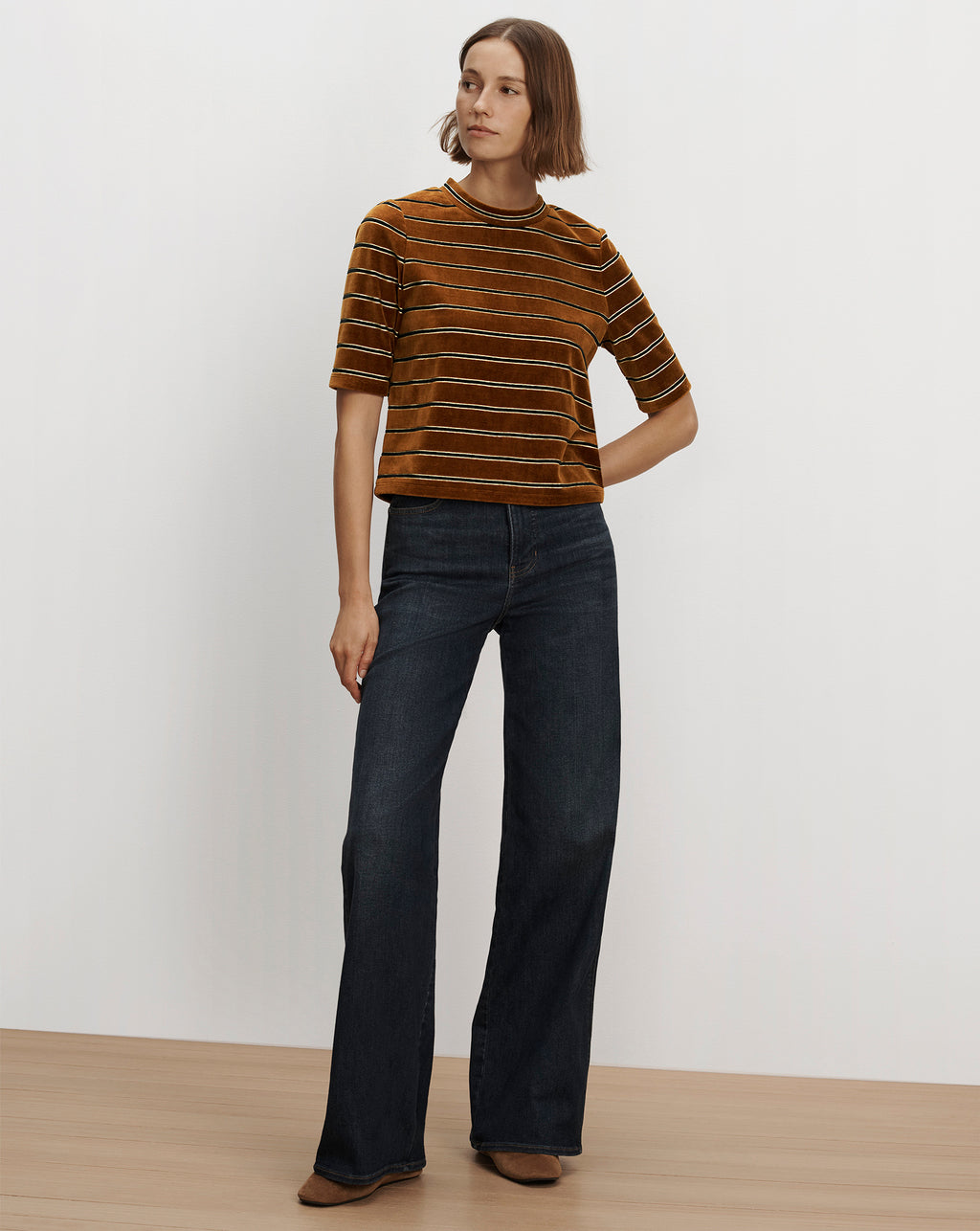 Veronica Beard Brown striped velvet short-sleeve crewneck top.
