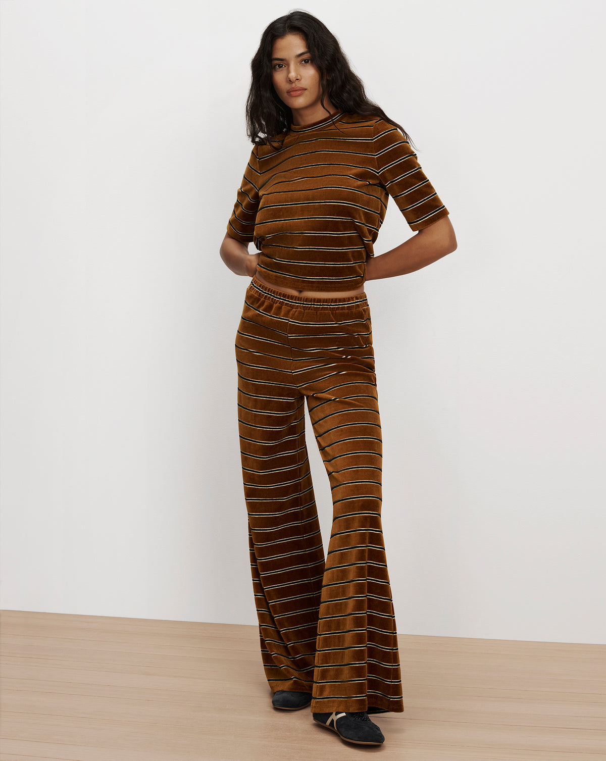 Veronica Beard Brown striped velvet short-sleeve top and pants.