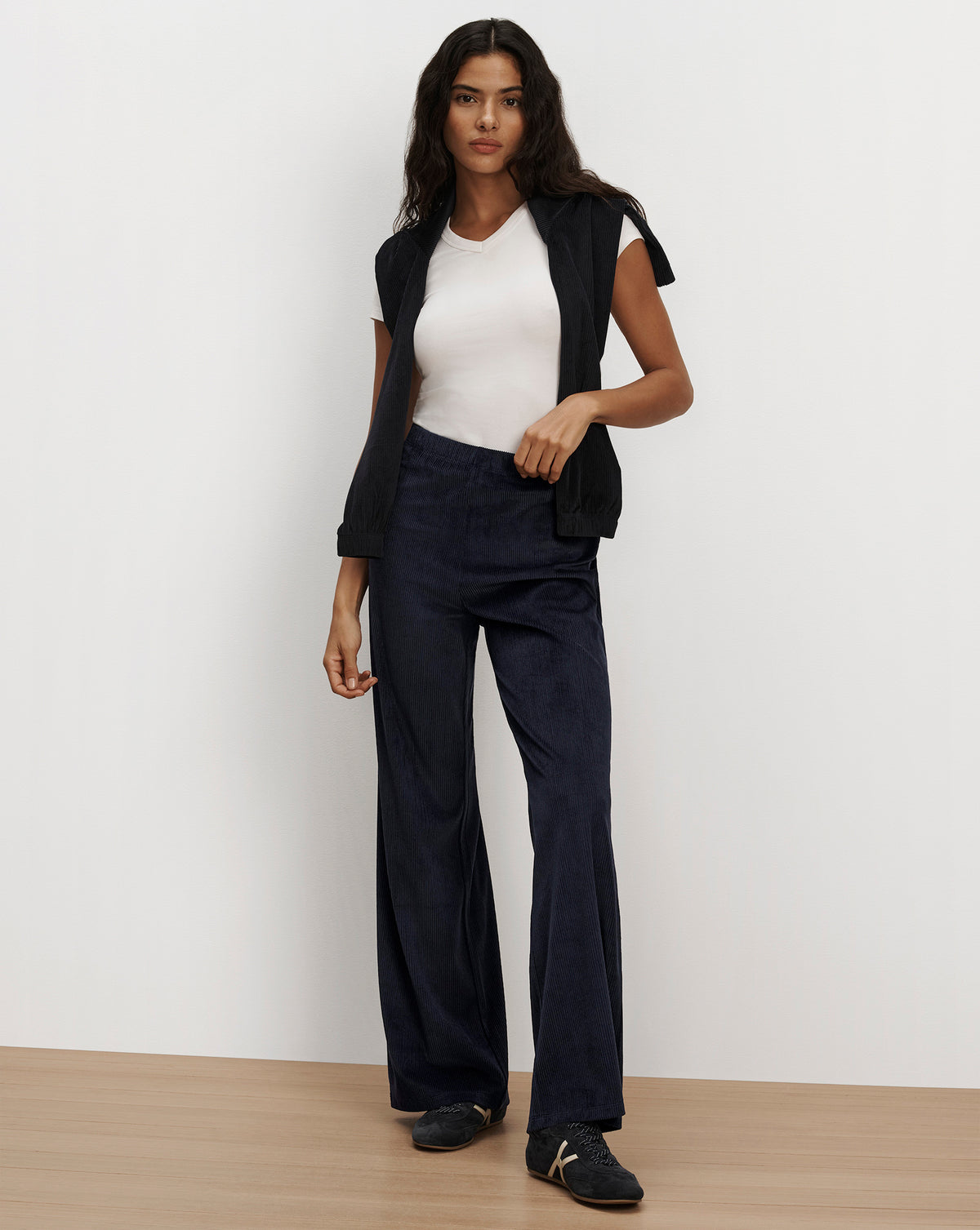 Veronica Beard Navy wide-leg corduroy trousers with pockets.