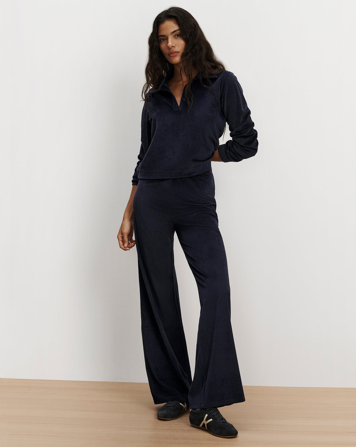 Veronica Beard Navy corduroy long-sleeve top and trousers set.