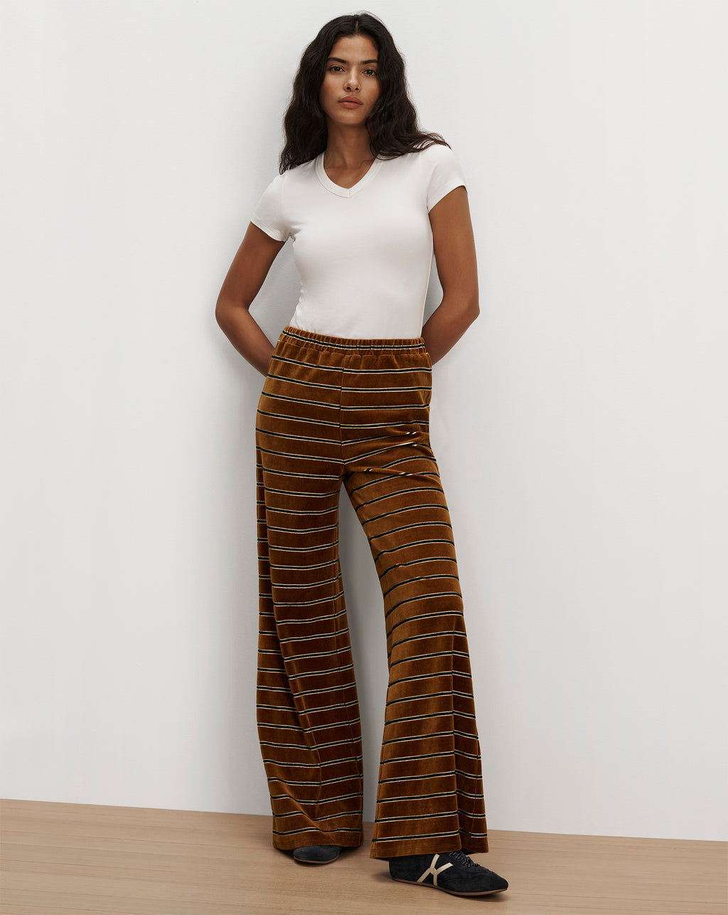 Veronica Beard Brown striped velvet wide-leg trousers.