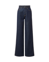 Veronica Beard Dark blue wide-leg denim jeans with pleated waist.