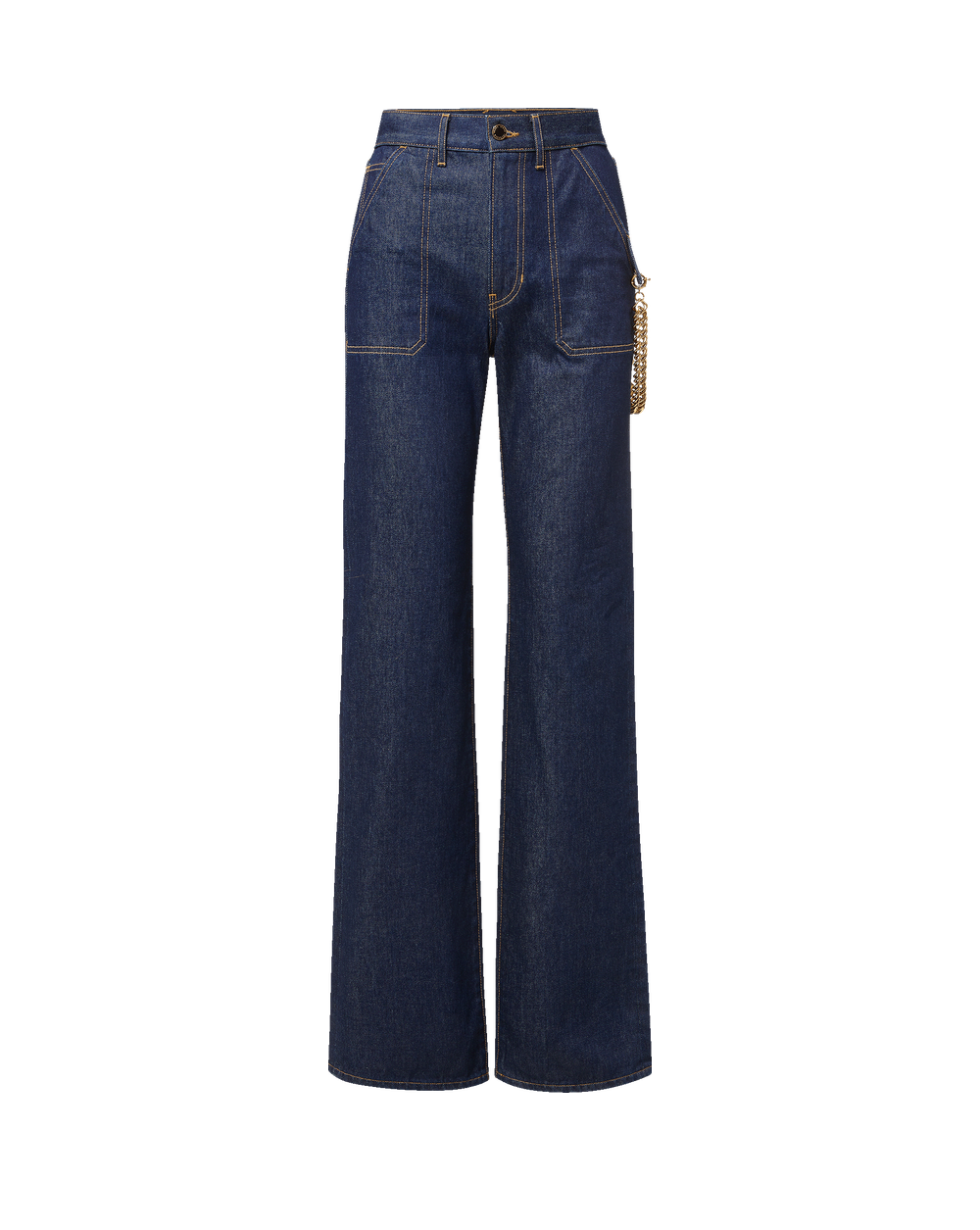 Veronica Beard Dark blue denim wide-leg jeans with chain detail.