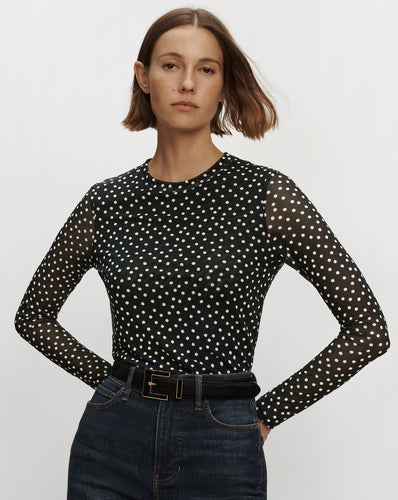 Veronica Beard Black polka dot sheer long sleeve top.