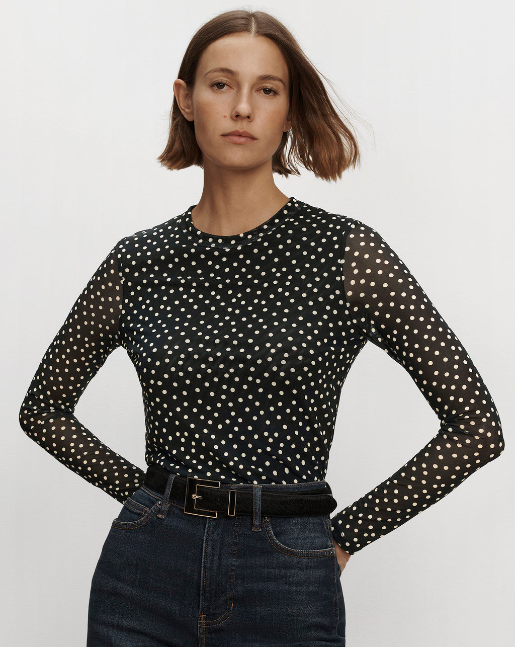 Veronica Beard Black polka dot sheer long sleeve top.