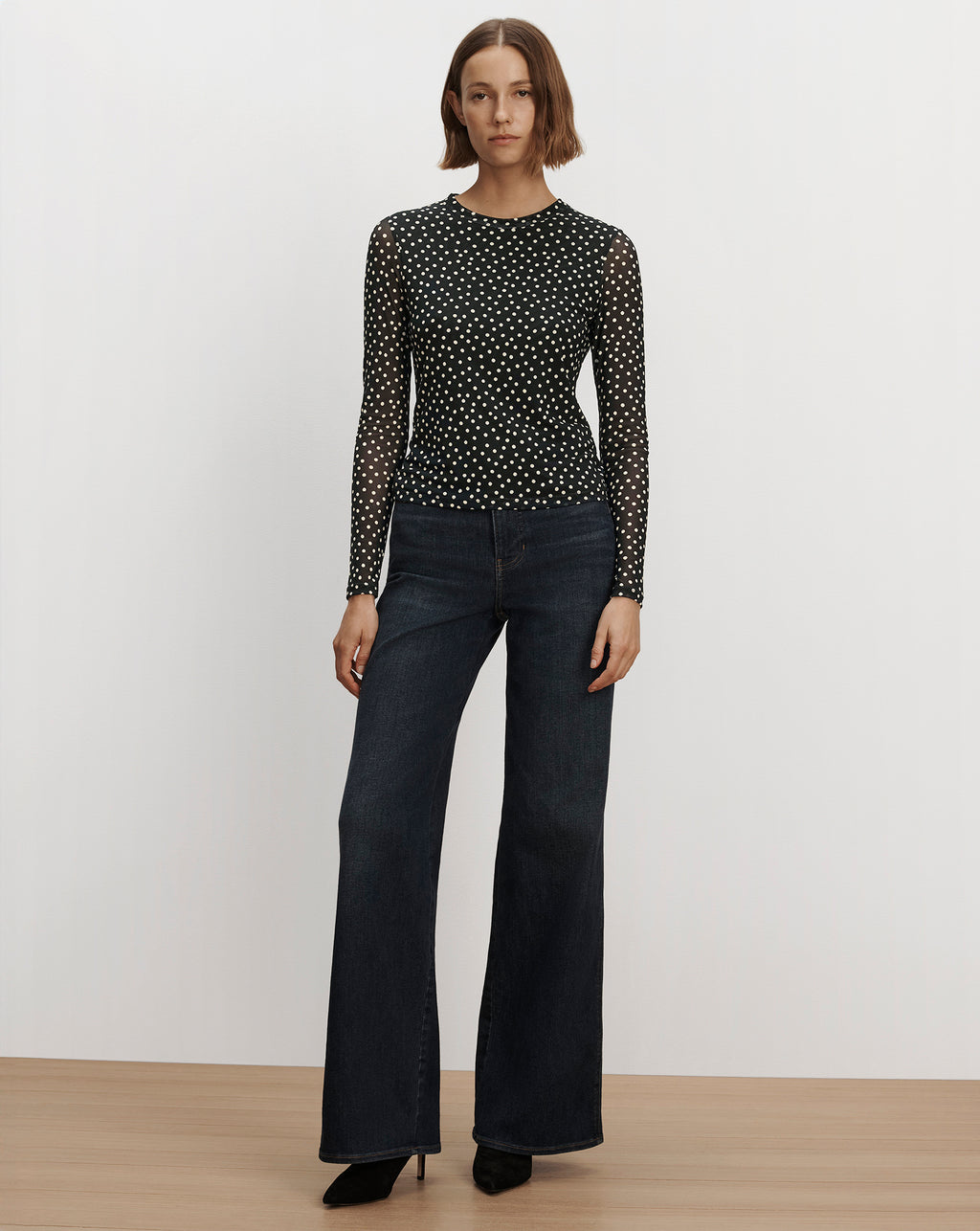 Veronica Beard Black polka dot mesh long sleeve top