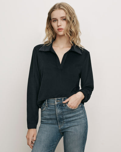 Veronica Beard Black corduroy collared long-sleeve shirt.
