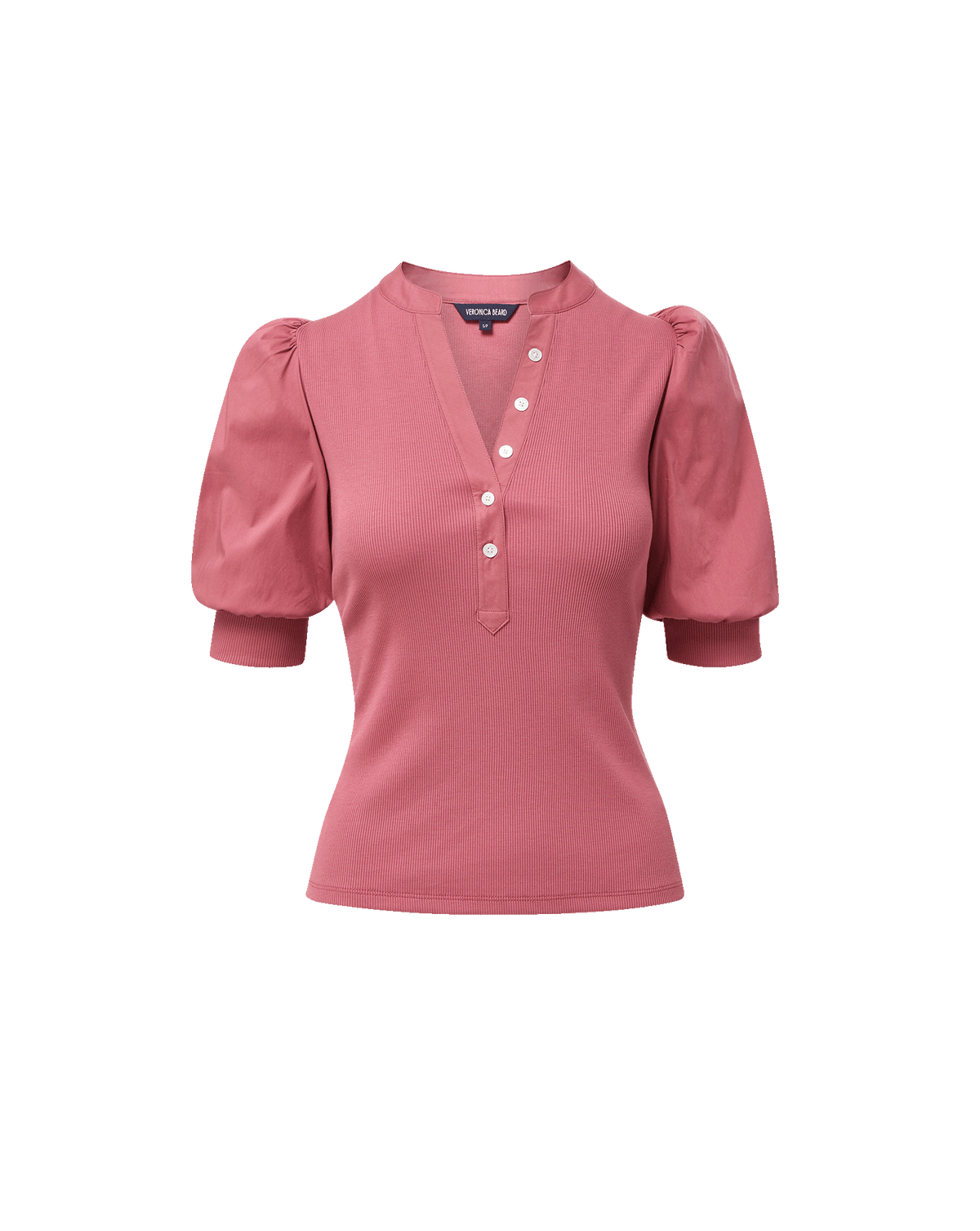 Veronica Beard Pink ribbed short-sleeve top with puff shoulders.